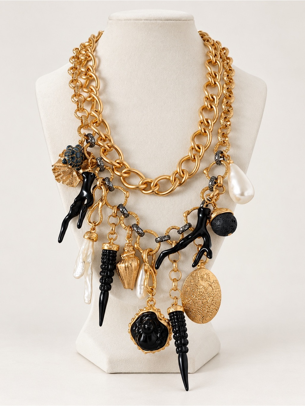 ZARA Gold Tone Layered Charm Statement Necklace Faux Pearl Black Resin